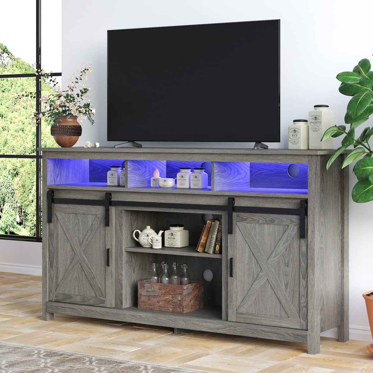 Wash Grey Wooden TV Stand with Sliding Barn Door B52595