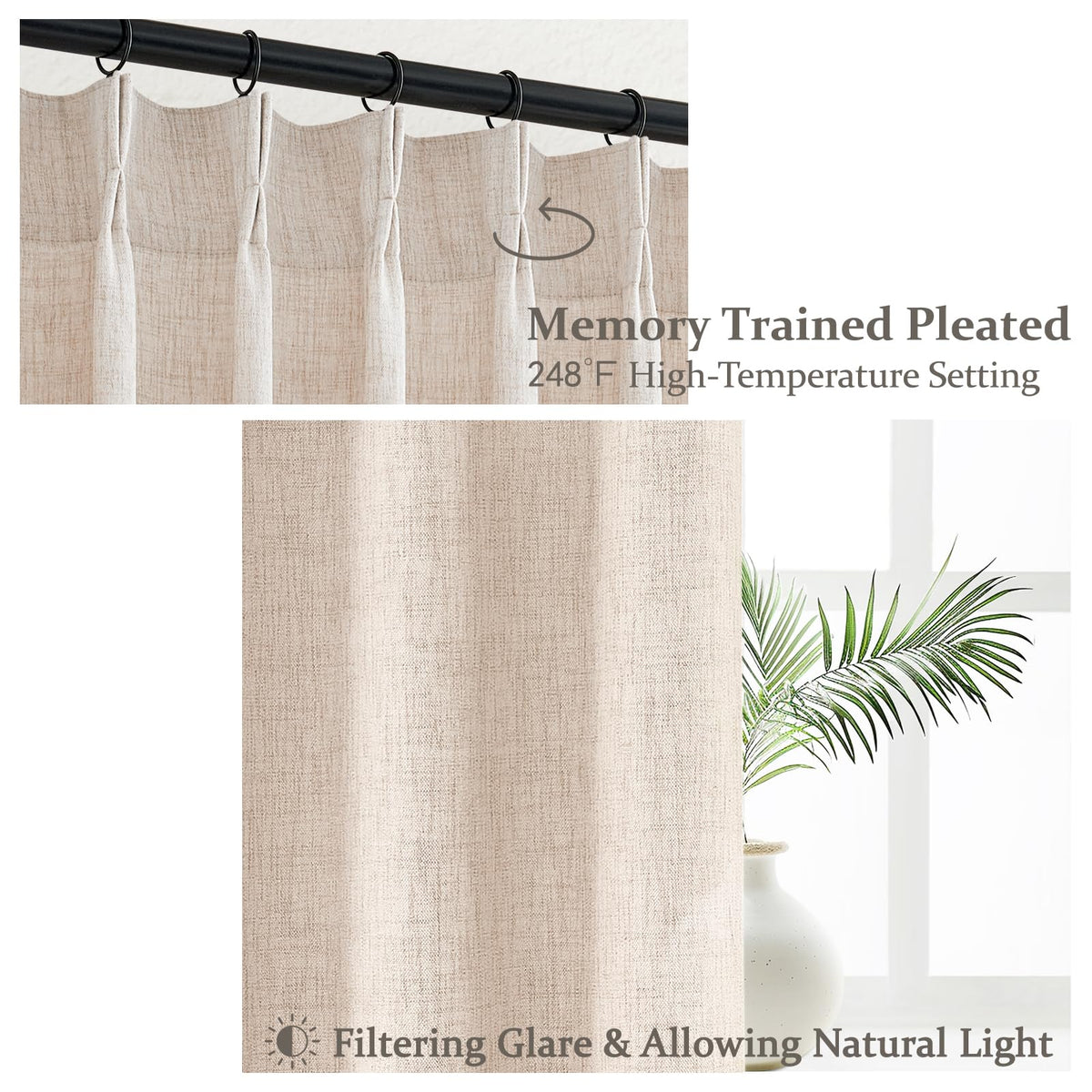 Light Filtering Semi Sheer Linen Curtains 96 Inches 2 Panels Set R10074