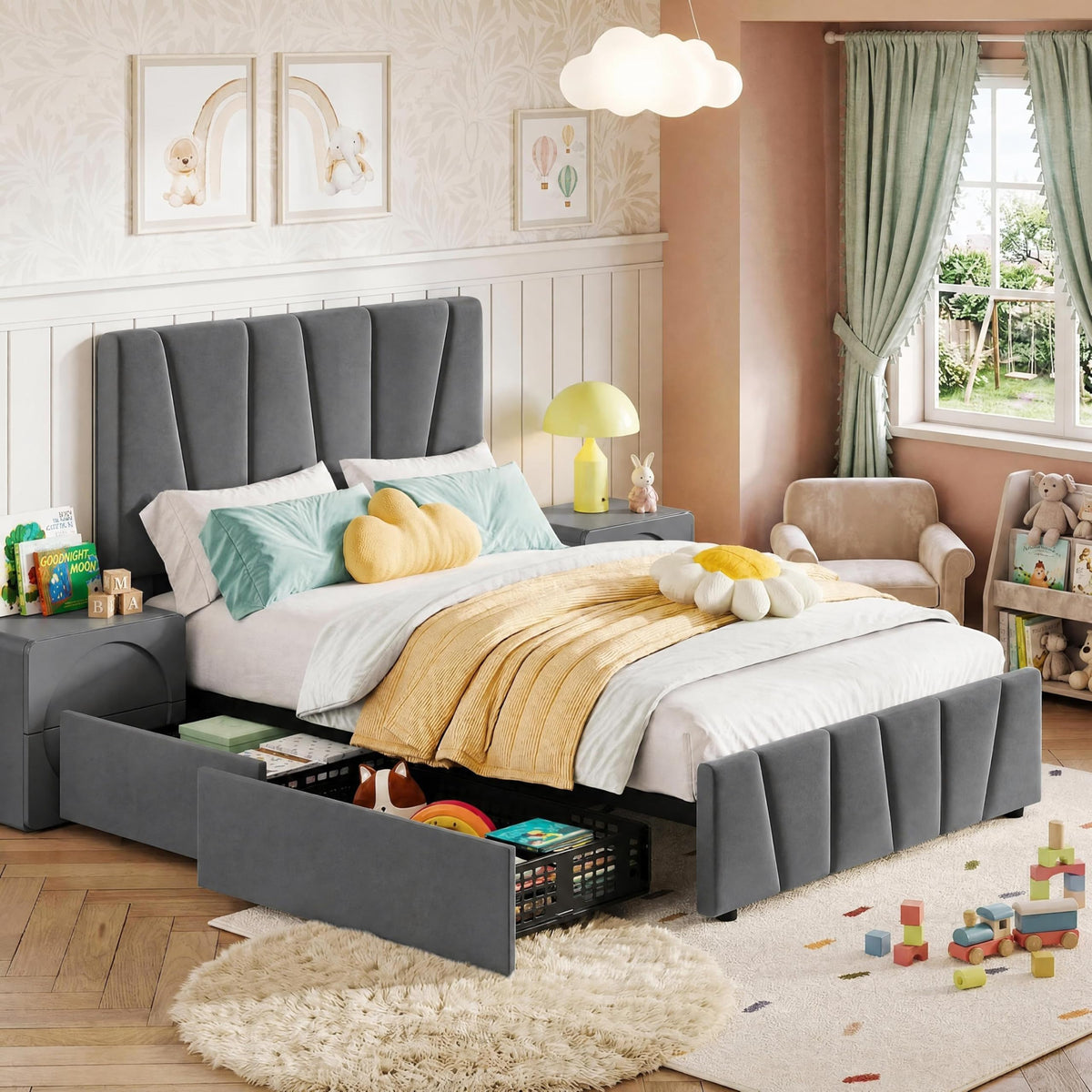 Twin Size Upholstered Bed Frame with 2 Storage Drawers R4718