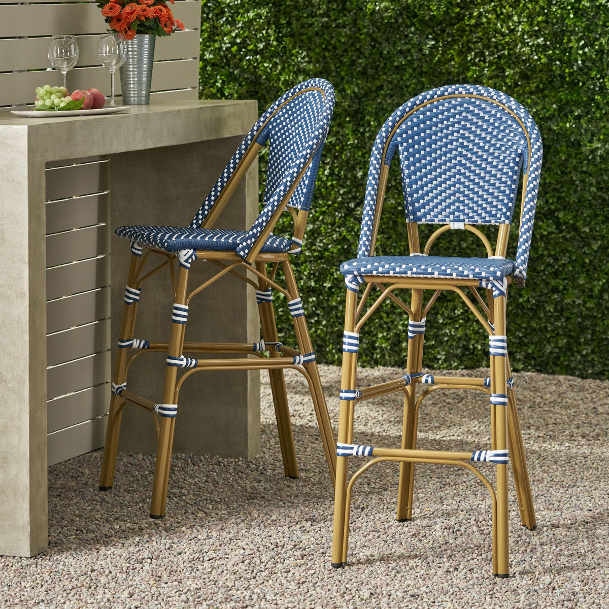 Teal Blue Wicker Rattan Bar Stools Set of 2 Aluminum Frame U14065
