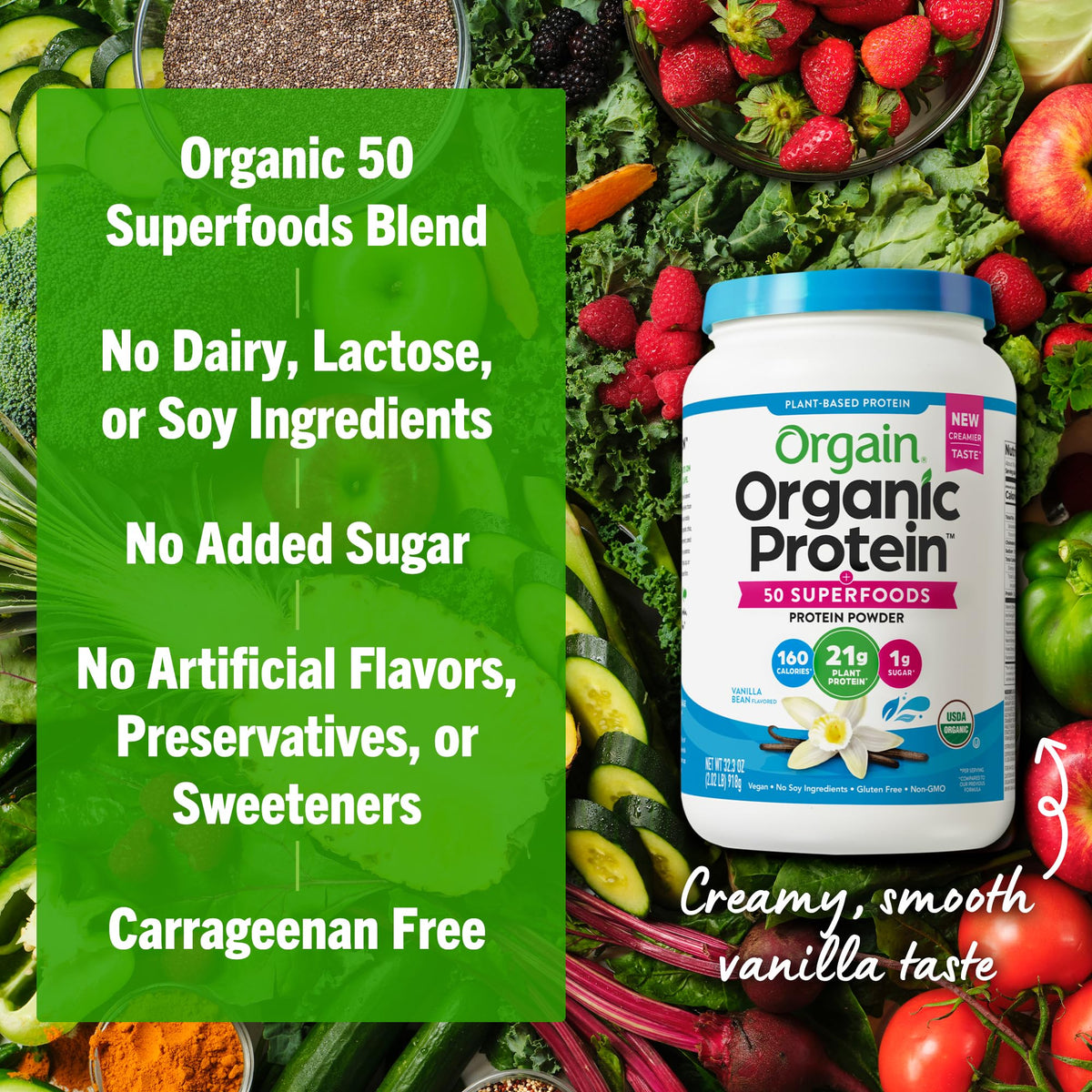 Organic Vegan 21g Protein Superfoods Powder Vanilla Bean 2.02lb F8655