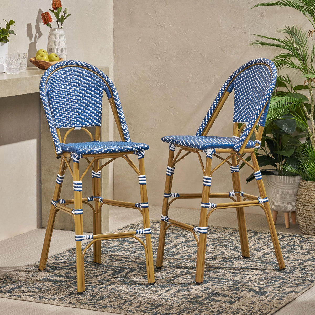 Teal Blue Wicker Rattan Bar Stools Set of 2 Aluminum Frame U14065