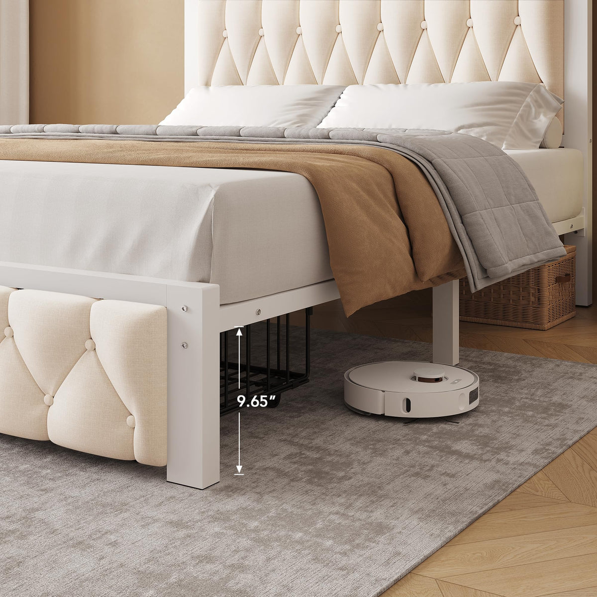 Beige Full Upholstered Platform Bed Frame with 2 Storage Drawers Q98820