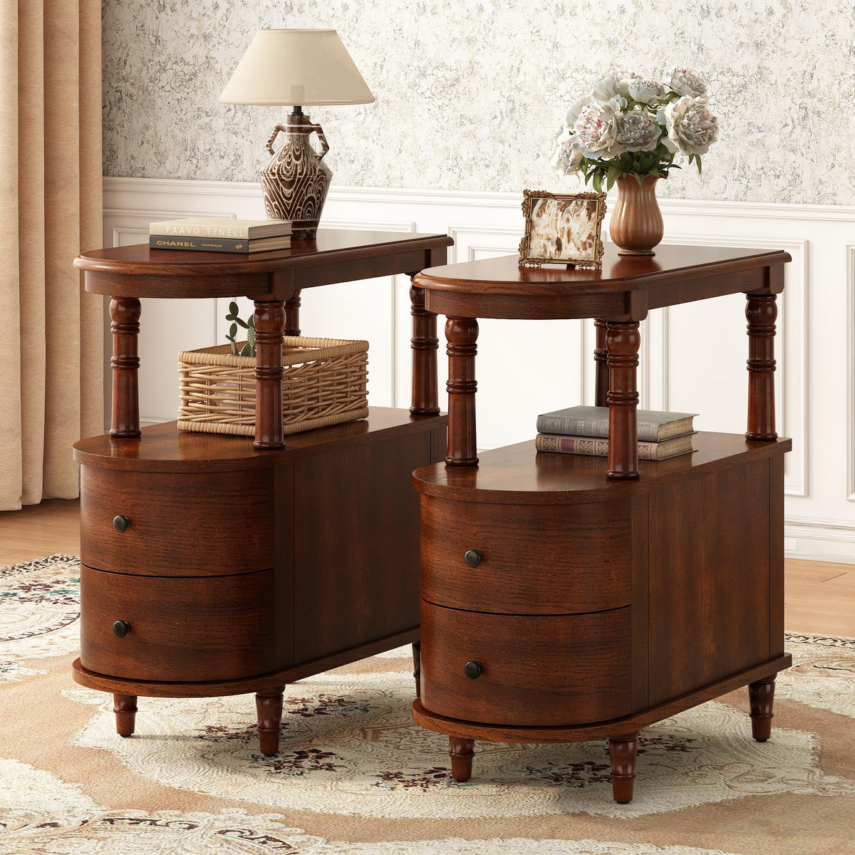 Set of 2 Slim Wood End Table with 2 Drawers & Shelf P72930