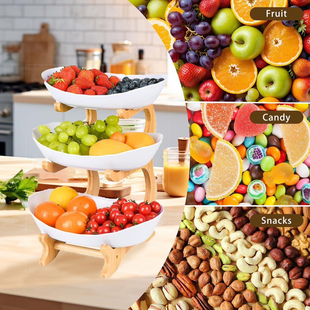 3 Tier Plastic Fruit Bowl with Bamboo Stand F812838