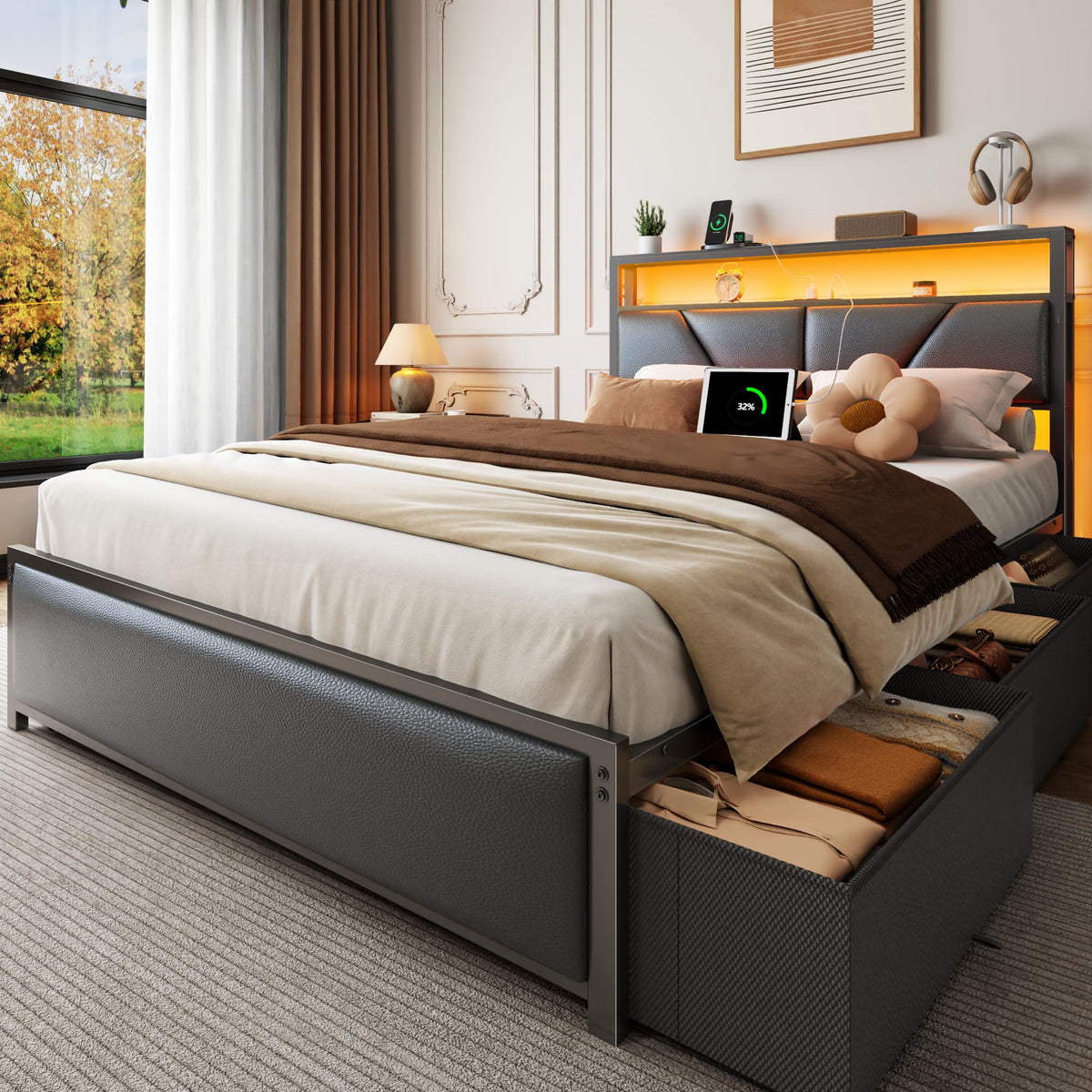 Full Size Bed Frame with Storage Headboard S376