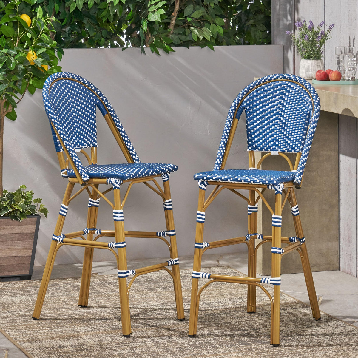 Teal Blue Wicker Rattan Bar Stools Set of 2 Aluminum Frame U14065